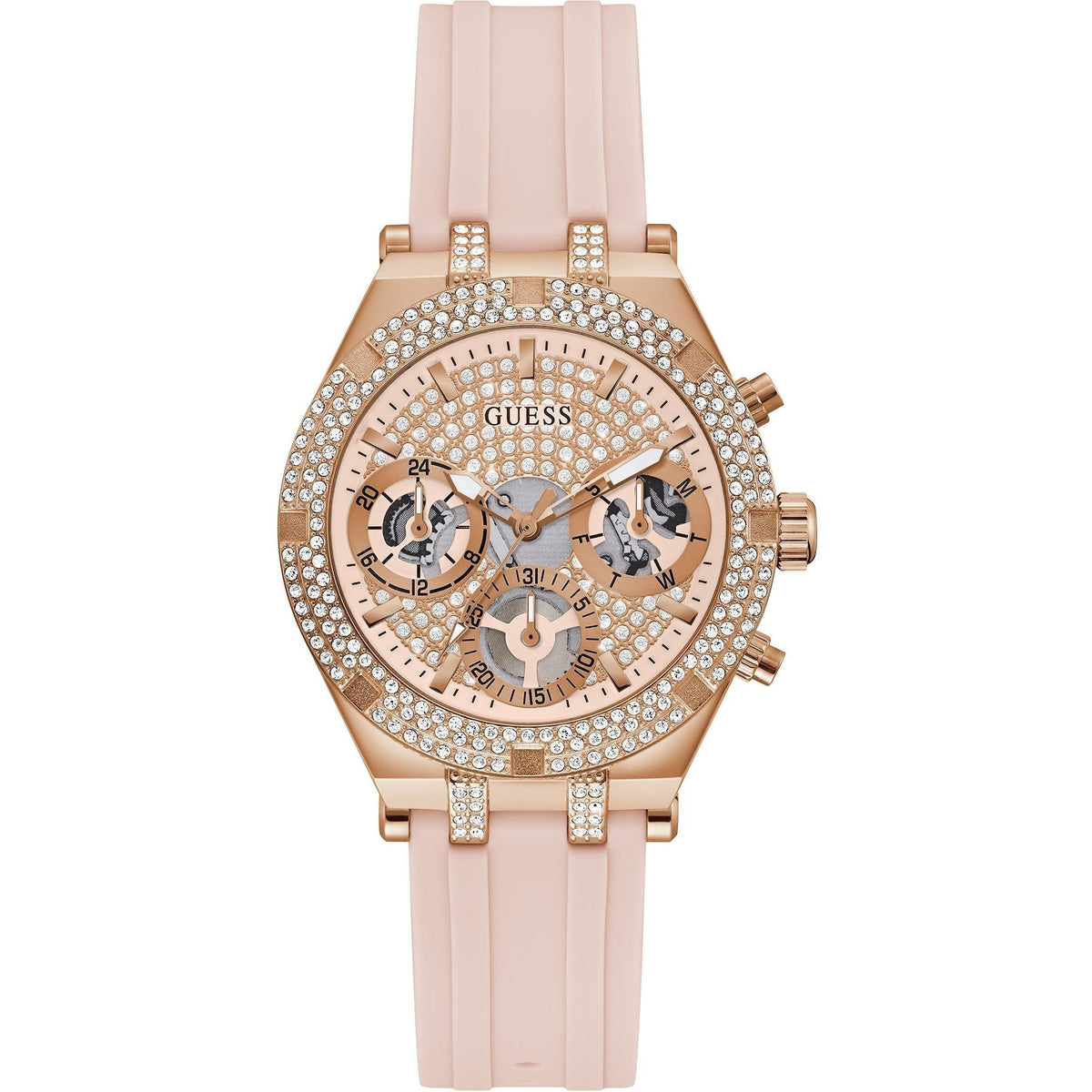  Shop Authentic Guess Heiress Diamonds Rose Gold Dial Pink Rubber Strap Watch for Women - GW0407L3 - Luxxuri