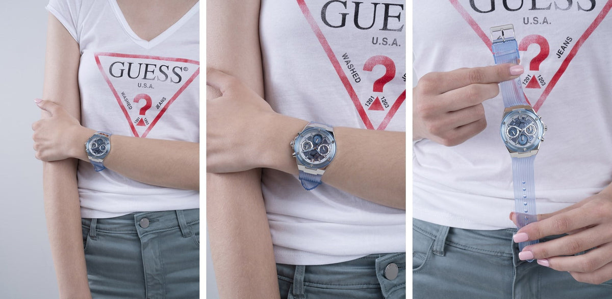 Shop Authentic Guess Athena Active Life Clear White Dial Blue Rubber Strap Watch for Women - GW0409L1 - Luxxuri