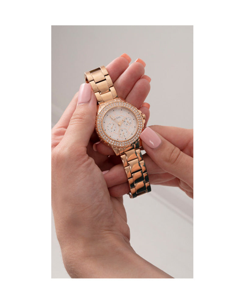  Shop Authentic Guess Crown Jewel Multifunction Diamonds White Dial Rose Gold Steel Strap Watch For Women - GW0410L3 - Luxxuri