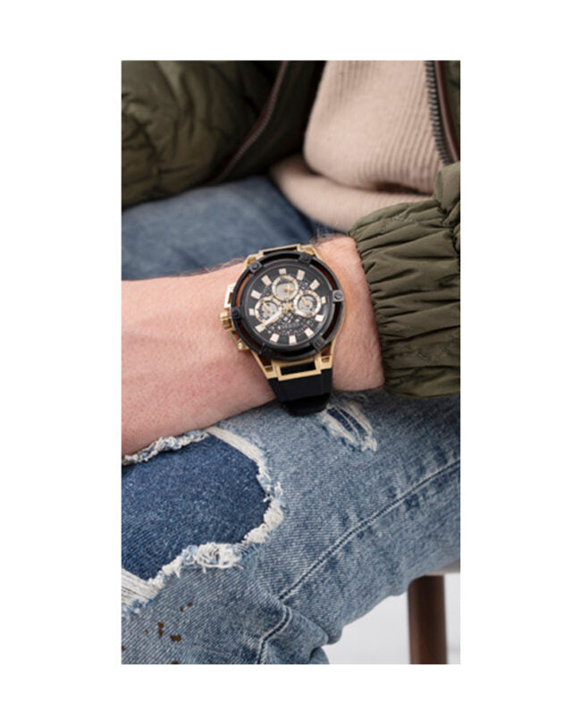  Shop Authentic Guess Matrix Multifunction Gold Dial Black Rubber Strap Watch For Men - GW0423G2 - Luxxuri