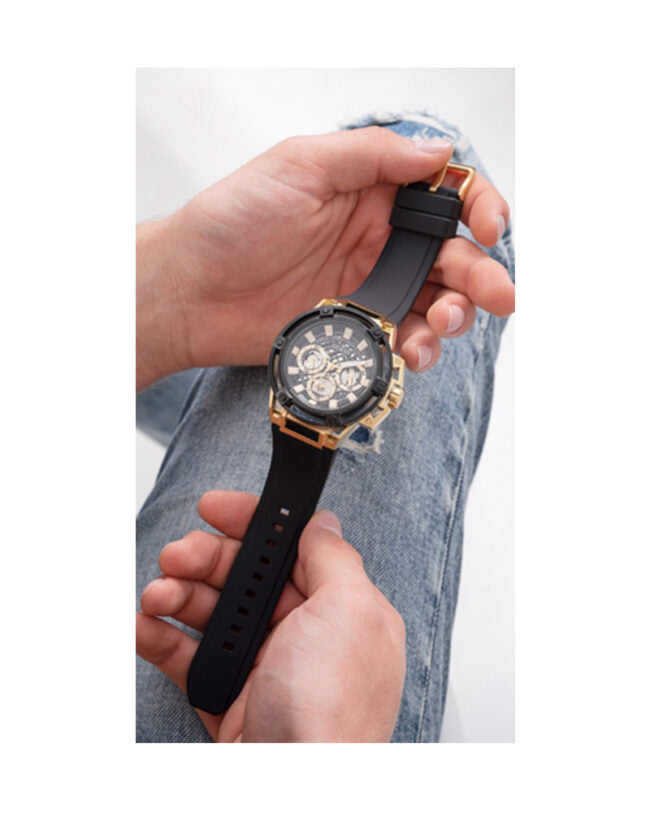  Shop Authentic Guess Matrix Multifunction Gold Dial Black Rubber Strap Watch For Men - GW0423G2 - Luxxuri