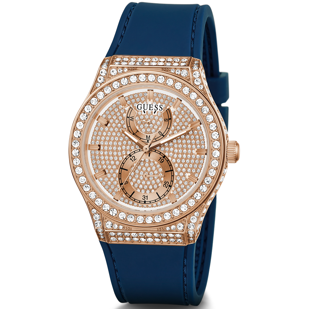  Shop Authentic Guess Multifunction Crystals Rose Gold Dial Blue Rubber Strap Watch For Women - GW0439L4 - Luxxuri
