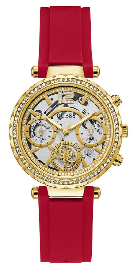  Shop Authentic Guess Solstice Diamonds Gold Dial Red Rubber Strap Watch for Women - GW0484L1 - Luxxuri