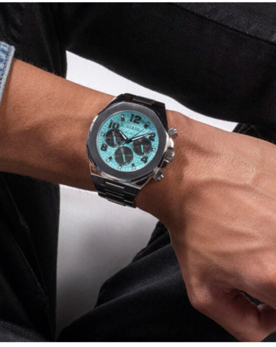  Shop Authentic Guess Empire Chronograph Quartz Sky Blue Dial Silver Steel Strap Watch For Men - GW0489G3 - Luxxuri