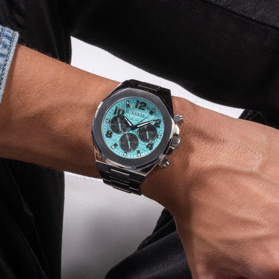  Shop Authentic Guess Empire Chronograph Quartz Sky Blue Dial Silver Steel Strap Watch For Men - GW0489G3 - Luxxuri