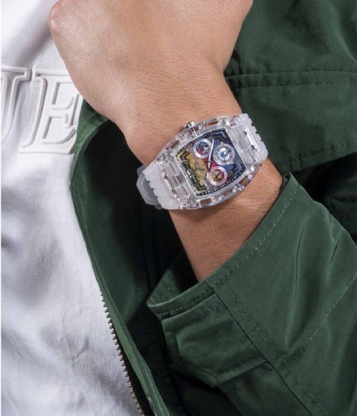  Shop Authentic Guess Phoenix Polycarbonate Clear Multi-function Black Dial Clear Rubber Strap Watch for Men - GW0499G3 - Luxxuri