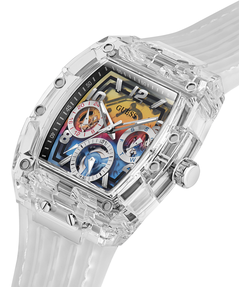  Shop Authentic Guess Phoenix Polycarbonate Clear Multi-function Black Dial Clear Rubber Strap Watch for Men - GW0499G3 - Luxxuri