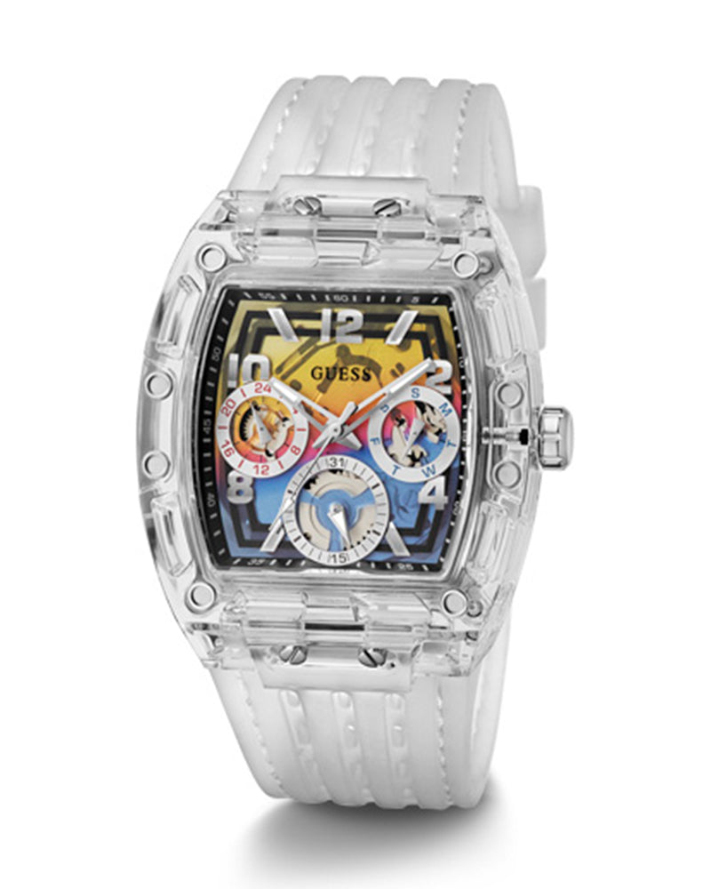  Shop Authentic Guess Phoenix Polycarbonate Clear Multi-function Black Dial Clear Rubber Strap Watch for Men - GW0499G3 - Luxxuri