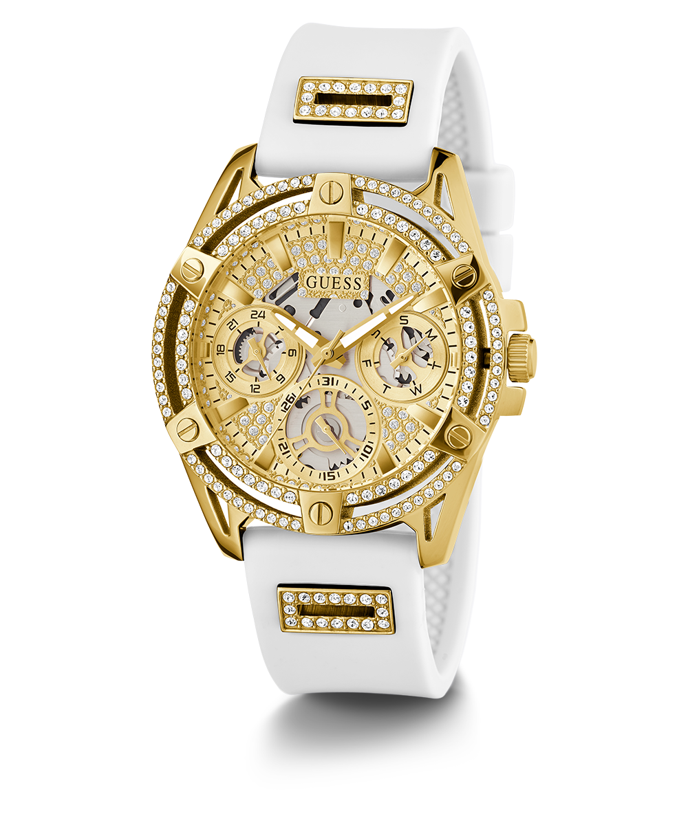  Shop Authentic Guess Queen Quartz Gold Dial White Silicone Strap Watch For Women - GW0536L2 - Luxxuri