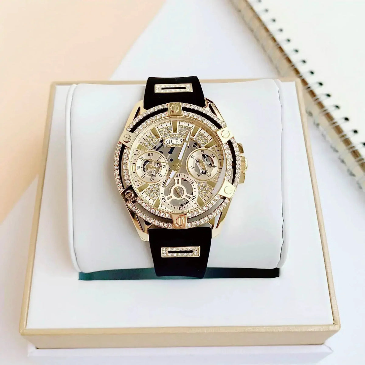  Shop Authentic Guess Queen Quartz Gold Dial Black Silicone Strap Watch For Women - GW0536L3 - Luxxuri
