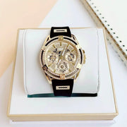  Shop Authentic Guess Queen Quartz Gold Dial Black Silicone Strap Watch For Women - GW0536L3 - Luxxuri