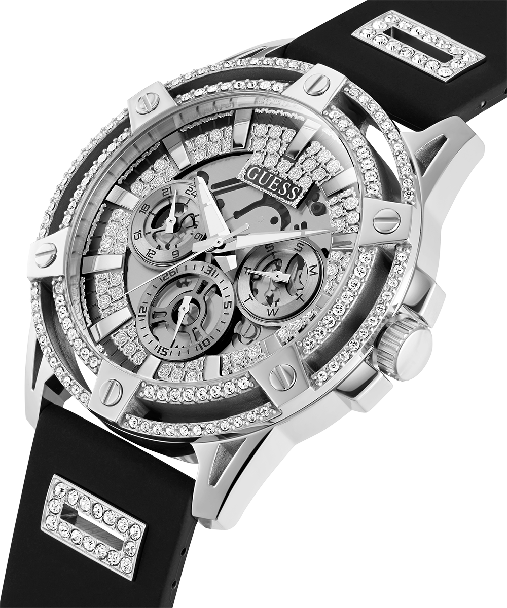  Shop Authentic Guess King Quartz Crystals Silver Dial Black Silicone Strap Watch For Men - GW0537G1 - Luxxuri