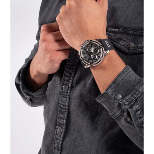 Shop Authentic Guess King Quartz Crystals Silver Dial Black Silicone Strap Watch For Men - GW0537G1 - Luxxuri