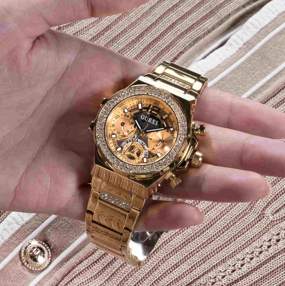  Shop Authentic Guess Fusion Chronograph Gold Dial Gold Steel Strap Watch for Women - GW0552L2 - Luxxuri