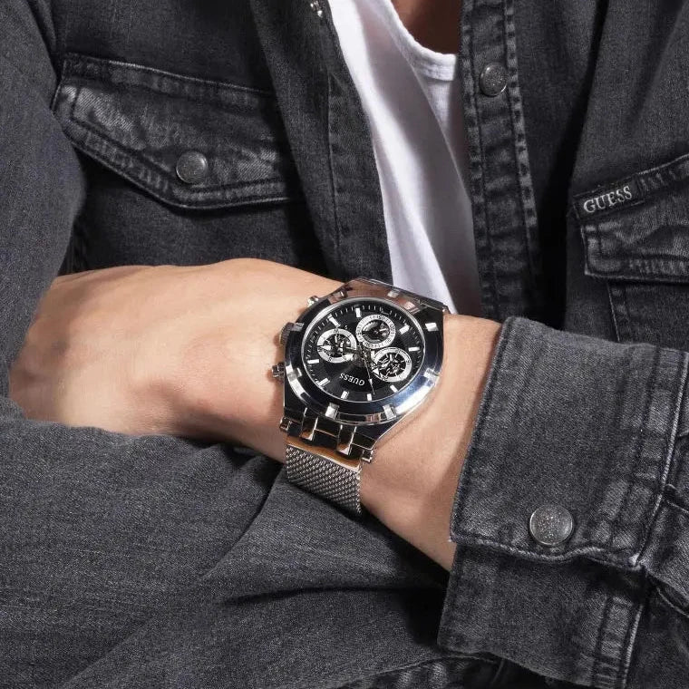  Shop Authentic Guess Continental Quartz Black Dial Silver Mesh Strap Watch For Men - GW0582G1 - Luxxuri
