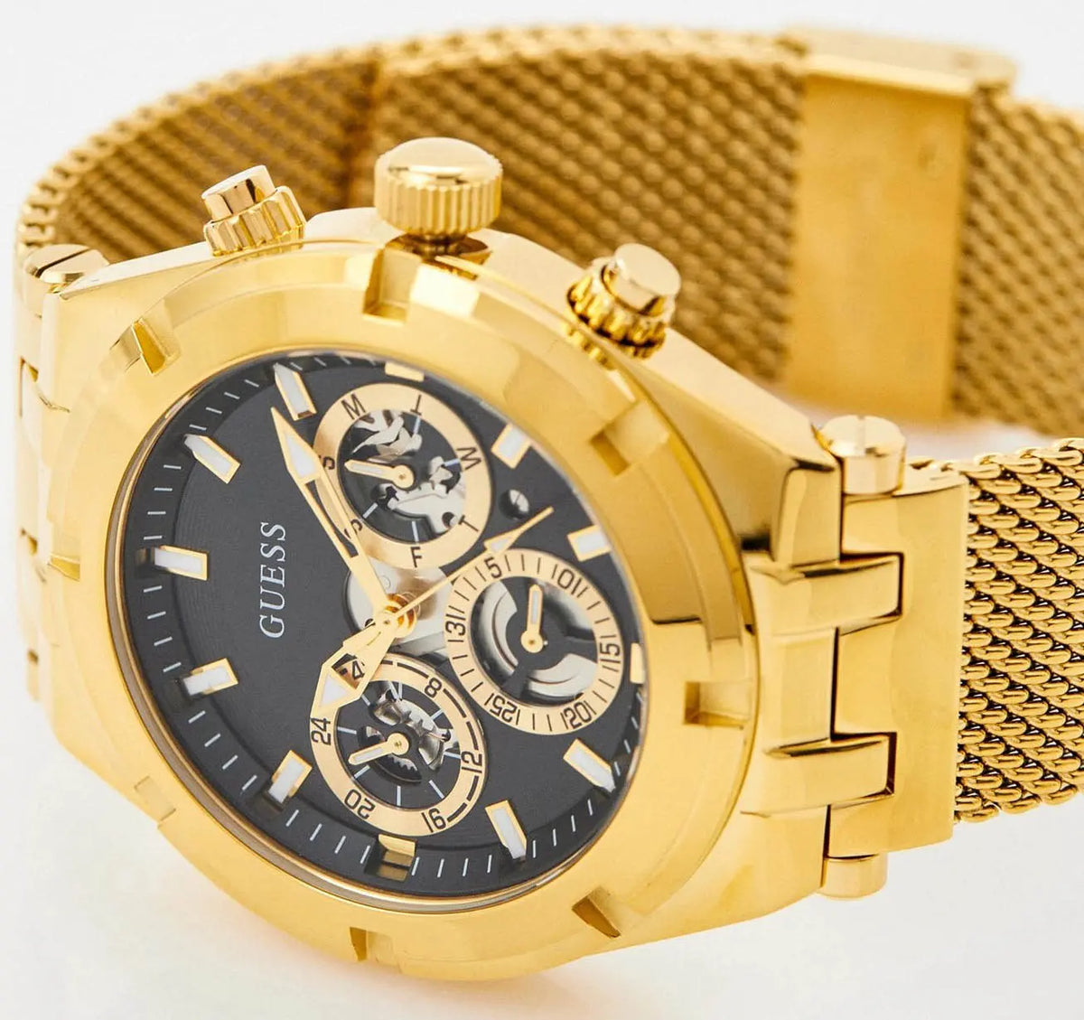  Shop Authentic Guess Continental Chronograph Black Dial Gold Mesh Strap Watch For Men - GW0582G2 - Luxxuri