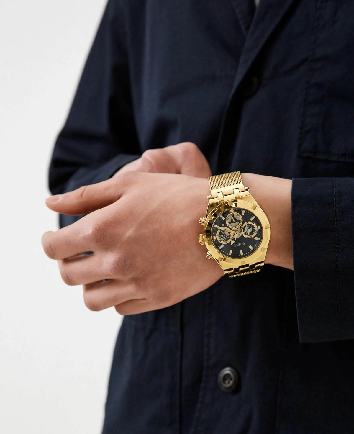 Shop Authentic Guess Continental Chronograph Black Dial Gold Mesh Strap Watch For Men - GW0582G2 - Luxxuri