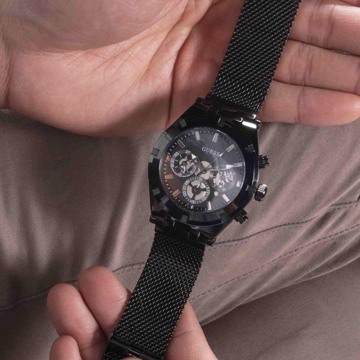  Shop Authentic Guess Continental Chronograph Black Dial Black Mesh Strap Watch For Men - GW0582G3 - Luxxuri