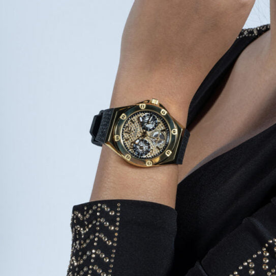  Shop Authentic Guess Asteria Multifunction Gold Dial Black Rubber Strap Watch For Women - GW0620L2 - Luxxuri