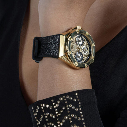  Shop Authentic Guess Asteria Multifunction Gold Dial Black Rubber Strap Watch For Women - GW0620L2 - Luxxuri