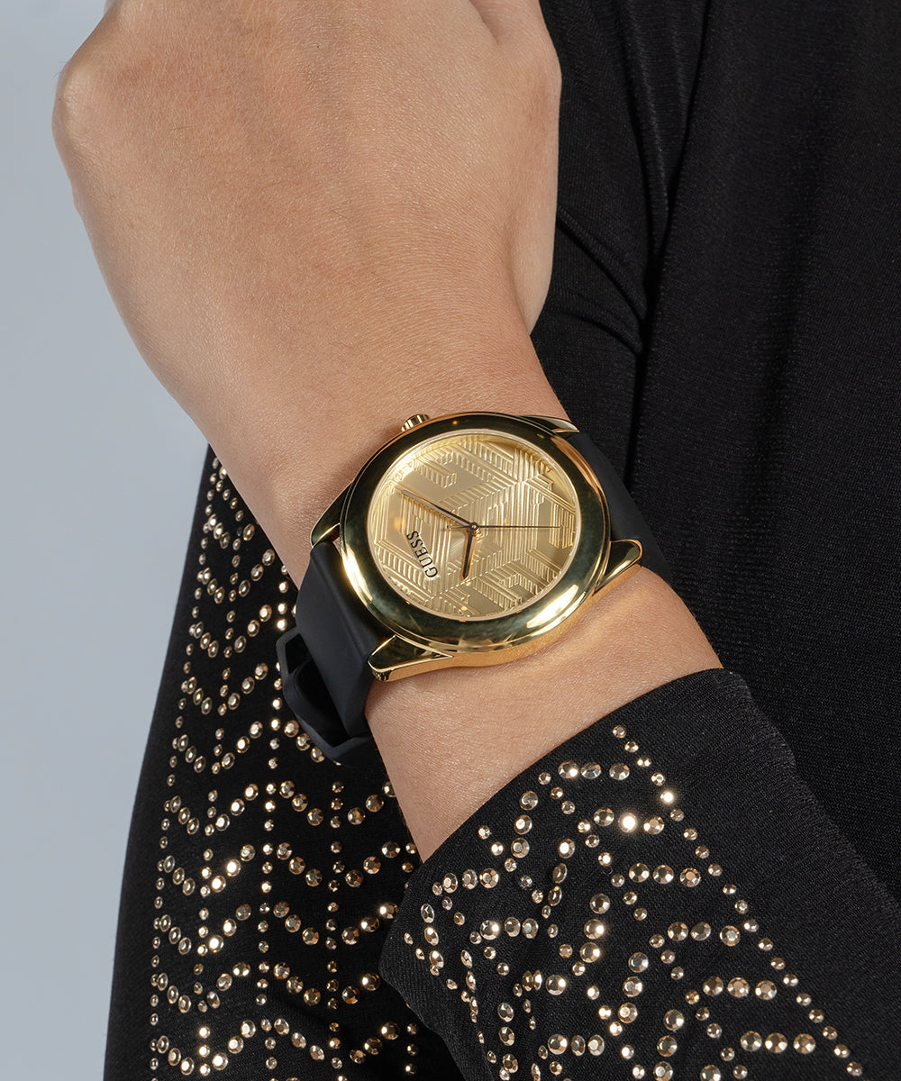  Shop Authentic Guess Cubed Analog Gold Dial Black Silicone Strap Watch For Women - GW0665L1 - Luxxuri