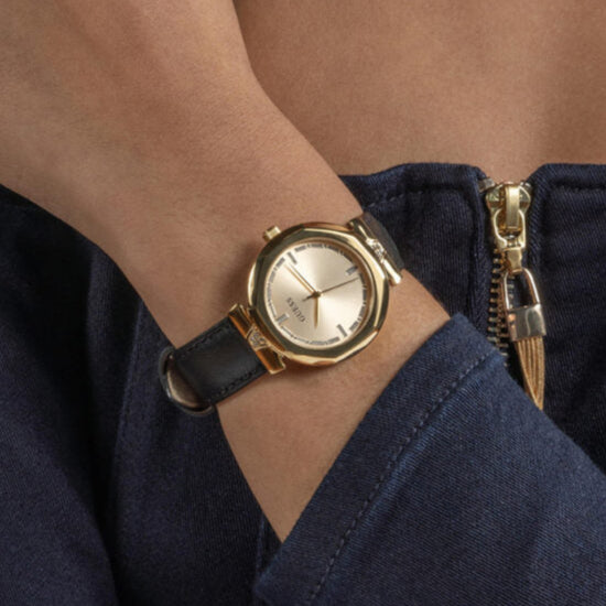  Shop Authentic Guess Rumour Quartz Gold Dial Black Leather Strap Watch For Women - GW0689L2 - Luxxuri