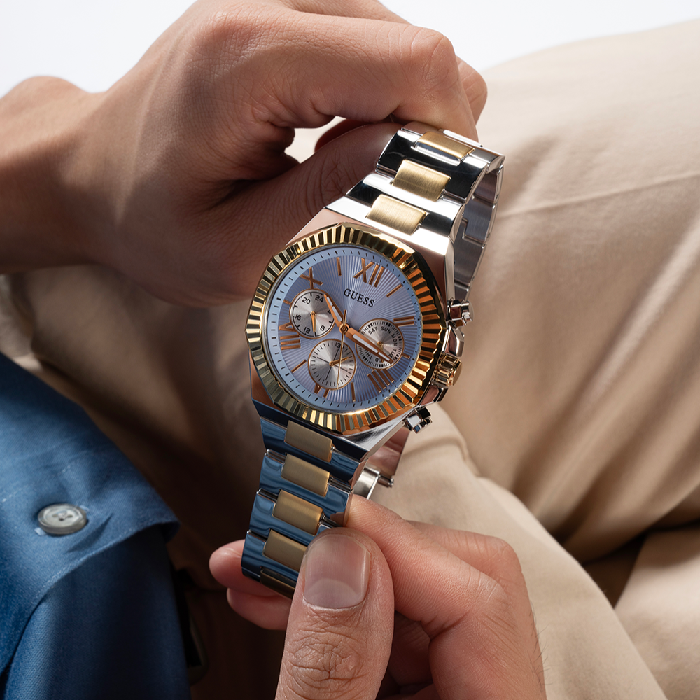  Shop Authentic Guess Equity Analog Blue Dial Two Tone Steel Strap Watch For Men - GW0703G3 - Luxxuri