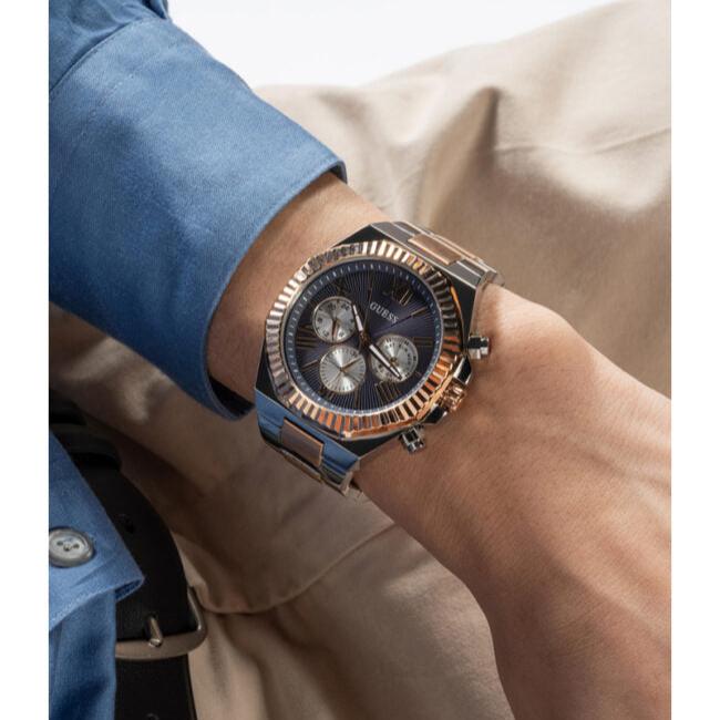  Shop Authentic Guess Equity Multifunction Black Dial Two Tone Steel Strap Watch For Men - GW0703G4 - Luxxuri