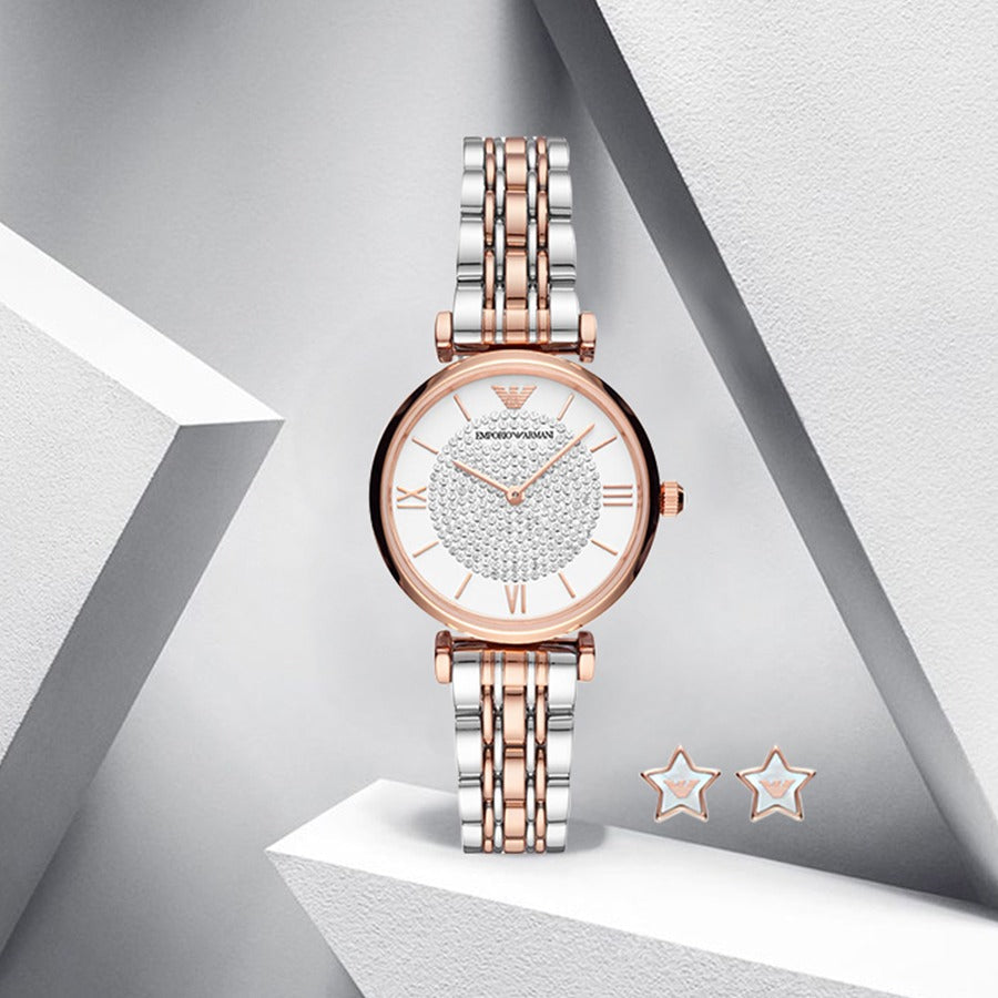  Shop Authentic Emporio Armani Gianni T Bar Quartz White Dial Two Tone Steel Strap Watch For Women - AR80035 - Luxxuri