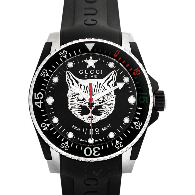 Shop Authentic Gucci Dive Feline Black Dial Black Rubber Strap Watch For Men - YA136320 - Luxxuri