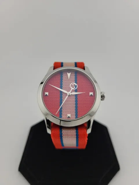  Shop Authentic Gucci G Timeless Quartz Red Dial Two Tone NATO Strap Watch For Men - YA1264070 - Luxxuri