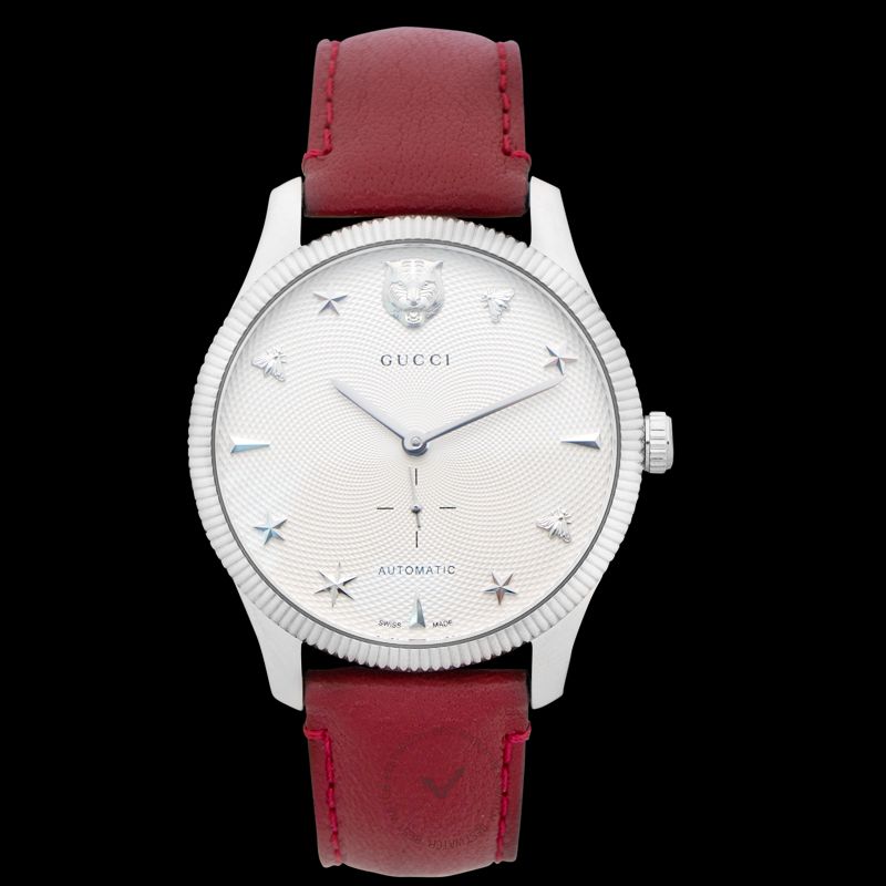  Shop Authentic Gucci G Timeless Automatic Silver Dial Red Leather Strap Watch For Men - YA126346 - Luxxuri