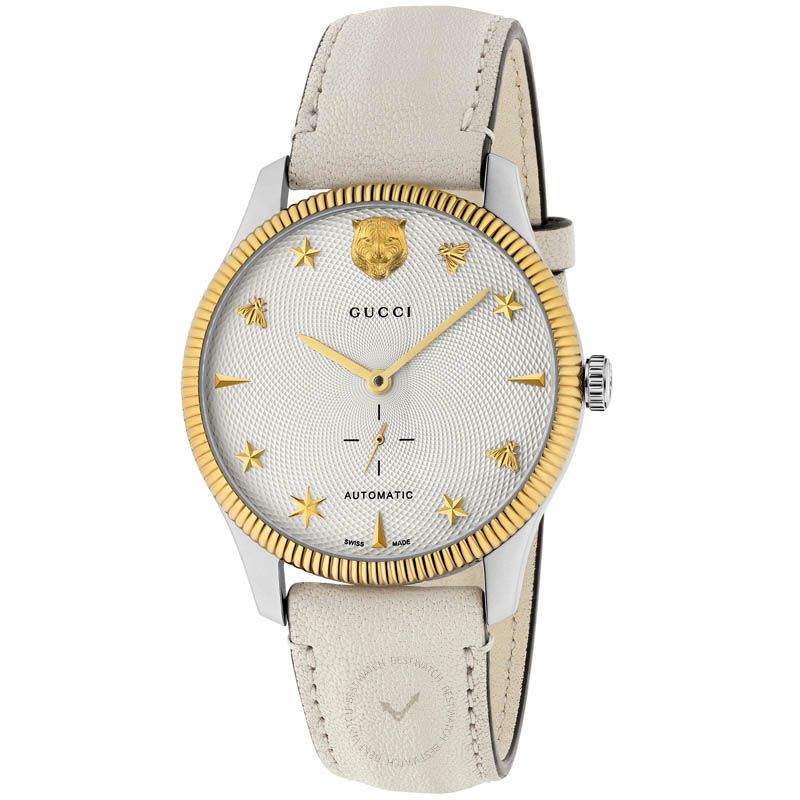  Shop Authentic Gucci G Timeless Automatic Silver Dial Beige Leather Strap Watch For Men - YA126348 - Luxxuri