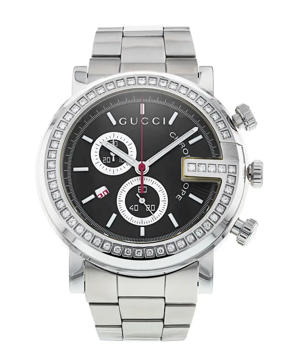  Shop Authentic Gucci G Chrono Diamonds Black Dial Silver Steel Strap Watch For Men - YA101324 - Luxxuri
