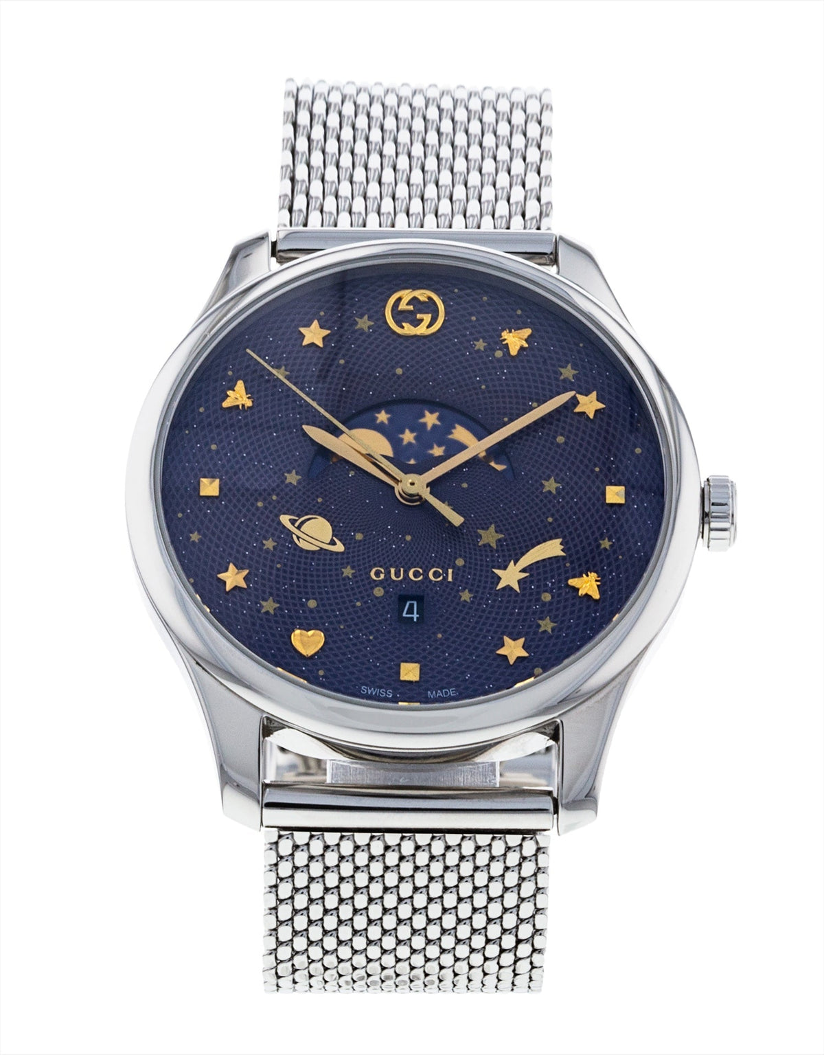  Shop Authentic Gucci G-Timeless Motifs Moon Phase Blue Dial Silver Mesh Bracelet Watch For Men - YA126328 - Luxxuri