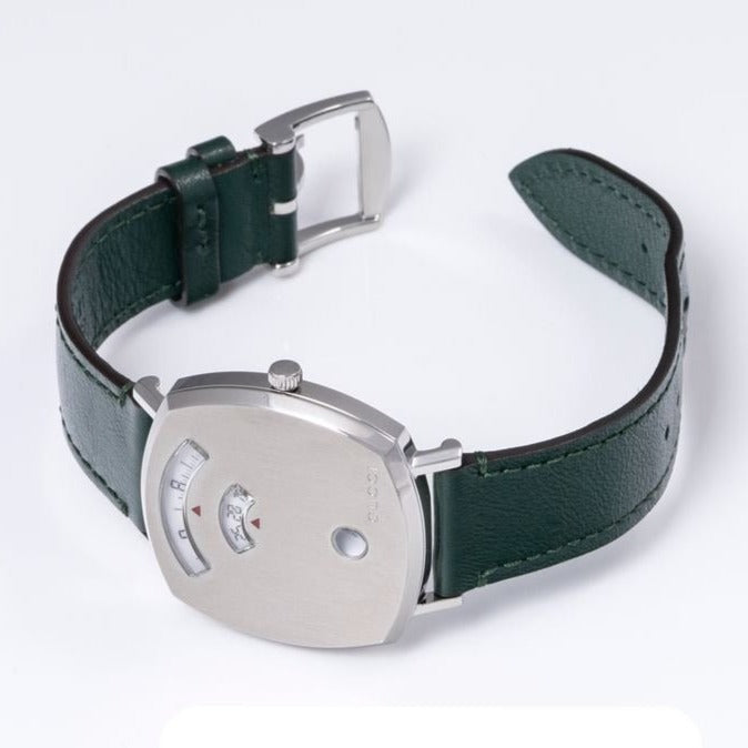  Shop Authentic Gucci Grip Quartz Silver Dial Green Leather Strap Unisex Watch - YA157406 - Luxxuri