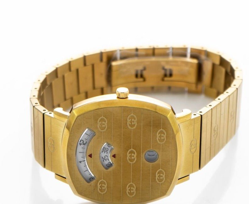  Shop Authentic Gucci Grip Quartz Yellow Gold Dial Gold Steel Strap Unisex Watch - YA157409 - Luxxuri