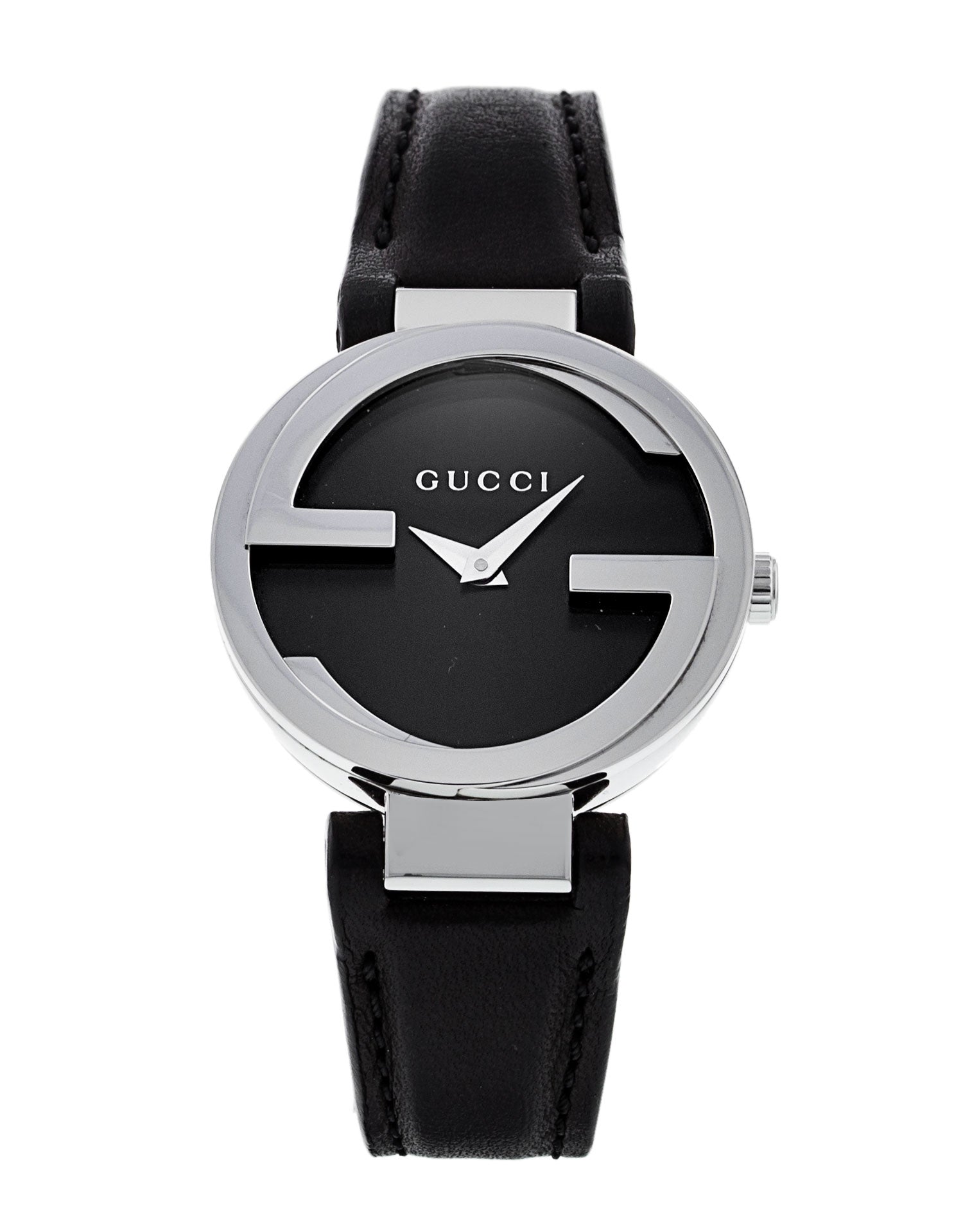  Shop Authentic Gucci G Interlocking Black Dial Black Leather Strap Watch For Women - YA133501 - Luxxuri