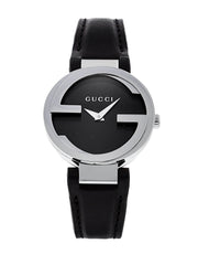  Shop Authentic Gucci G Interlocking Black Dial Black Leather Strap Watch For Women - YA133501 - Luxxuri