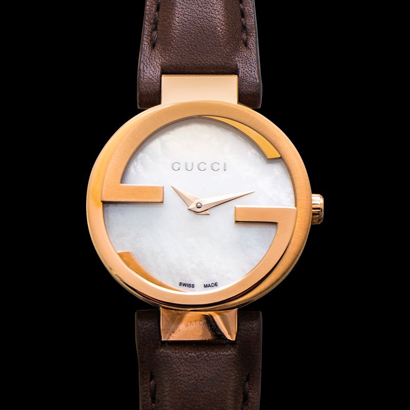  Shop Authentic Gucci G Interlocking Mother of Pearl Dial Brown Leather Strap Watch For Women - YA133516 - Luxxuri