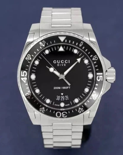  Shop Authentic Gucci Dive Quartz Black Dial Silver Steel Strap Watch For Men - YA136301B - Luxxuri