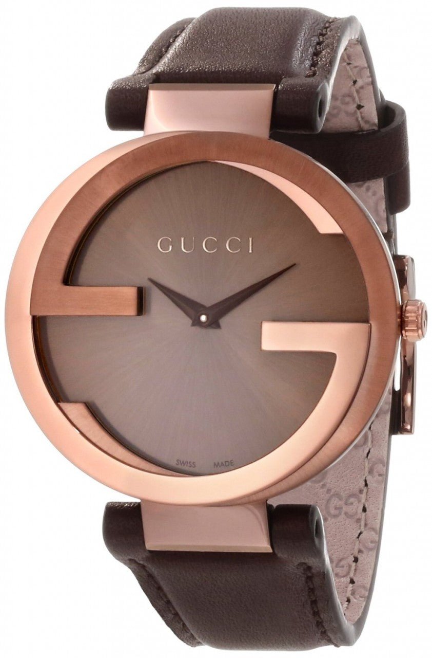  Shop Authentic Gucci Interlocking Brown Dial Brown Leather Strap Watch For Women - YA133309 - Luxxuri