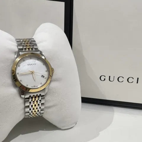  Shop Authentic Gucci G Timeless Diamonds Mother of Pearl Dial Two Tone Mesh Bracelet Watch for Women - YA126513 - Luxxuri