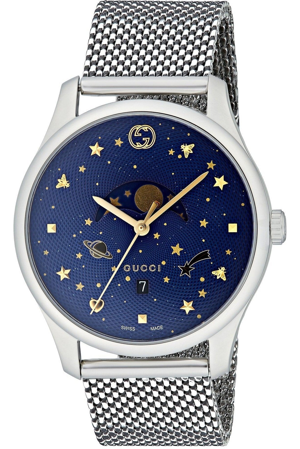  Shop Authentic Gucci G-Timeless Motifs Moon Phase Blue Dial Silver Mesh Bracelet Watch For Men - YA126328 - Luxxuri