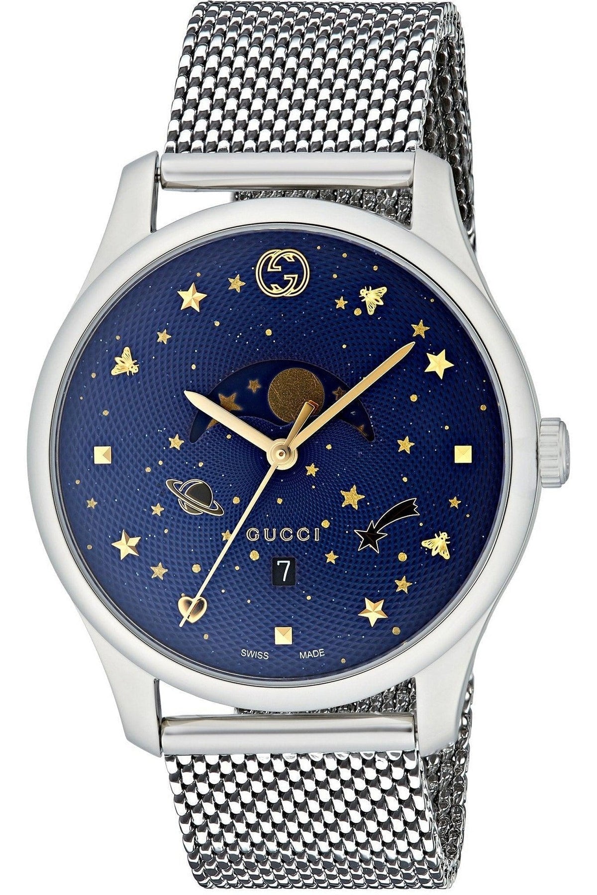  Shop Authentic Gucci G-Timeless Motifs Moon Phase Blue Dial Silver Mesh Bracelet Watch For Men - YA126328 - Luxxuri