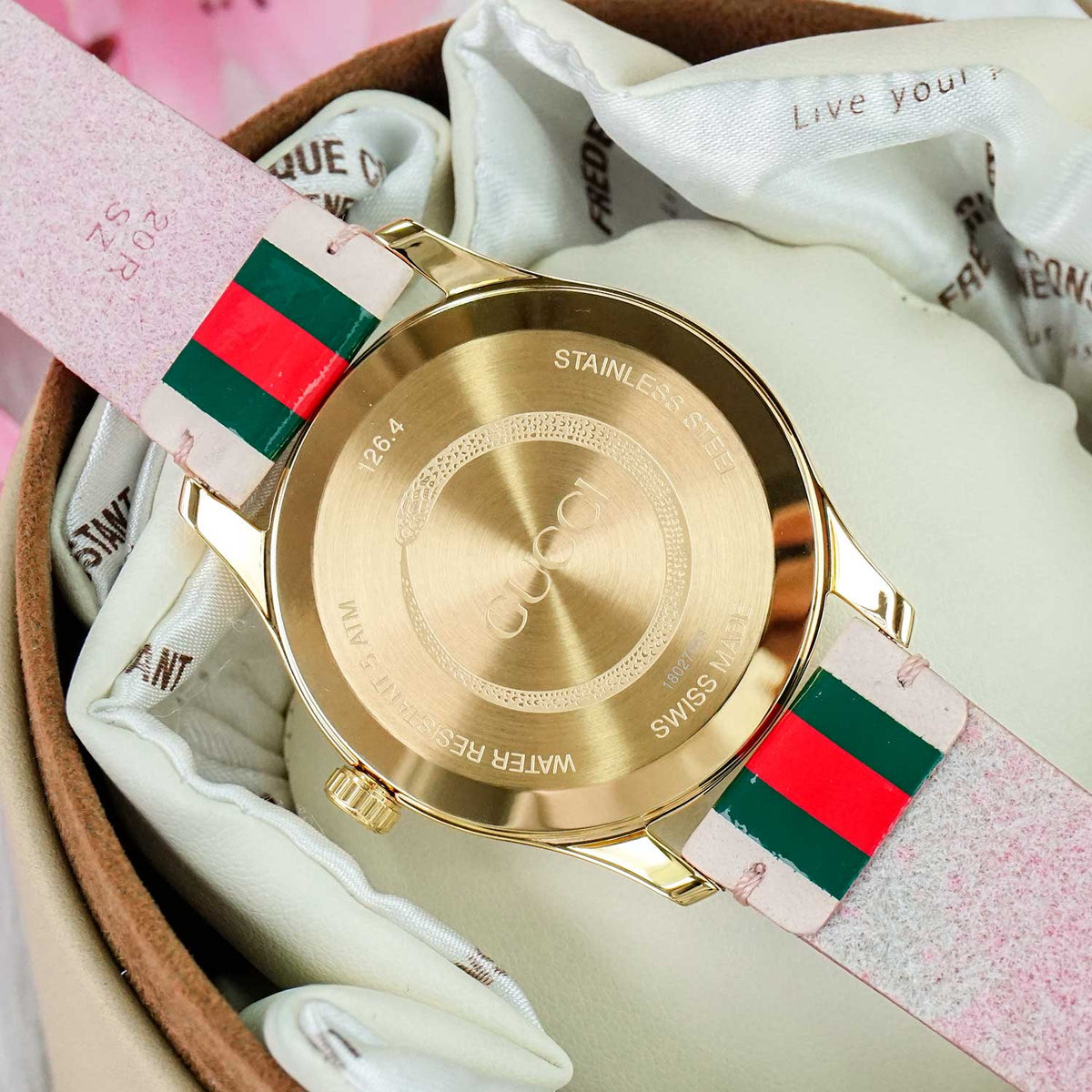  Shop Authentic Gucci G Timeless Quartz Pink Dial Three Tone Leather Strap Watch For Women - YA1264118 - Luxxuri