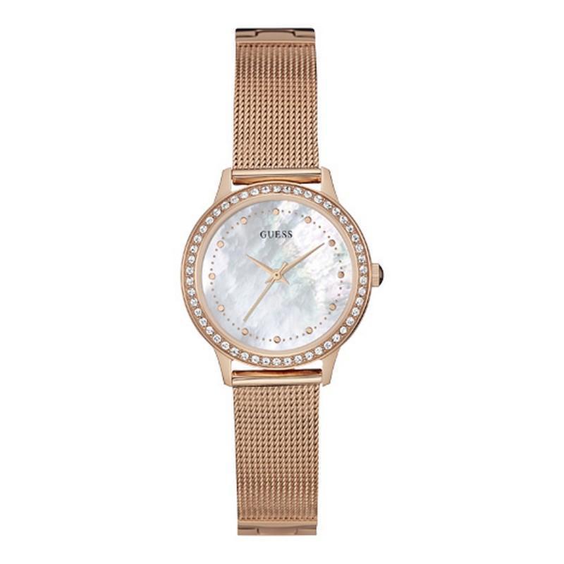  Shop Authentic Guess Chelsea Mother of Pearl White Dial Rose Gold Mesh Strap Watch For Women - W0647L2 - Luxxuri
