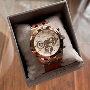 Shop Authentic Guess Analog Multifunction White Dial Brown Leather Strap Watch for Men - GW0262G3 - Luxxuri