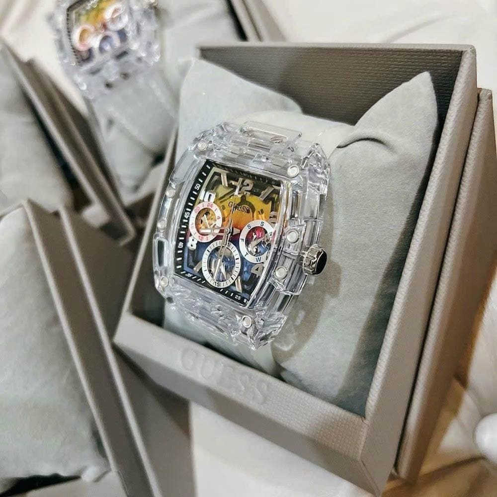  Shop Authentic Guess Phoenix Polycarbonate Clear Multi-function Black Dial Clear Rubber Strap Watch for Men - GW0499G3 - Luxxuri