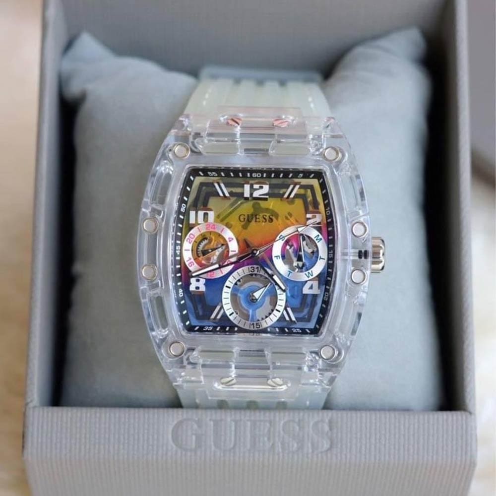  Shop Authentic Guess Phoenix Polycarbonate Clear Multi-function Black Dial Clear Rubber Strap Watch for Men - GW0499G3 - Luxxuri